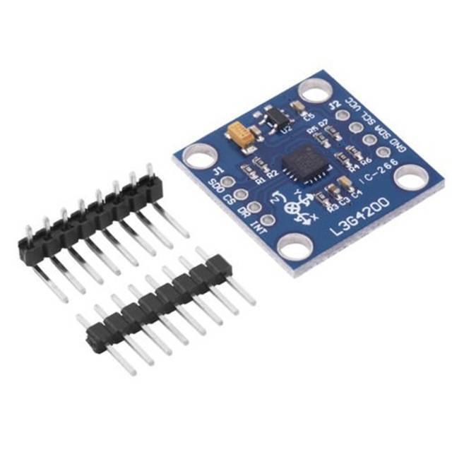 Gy-50 L3G4200D Three-axis Digital Gyro Sensor Module Angular Velocity Module - a blue square circuit board with pins and two separate black header pin strips arranged on a white background.