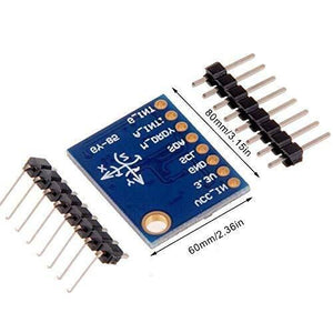 Gy 579 Hw-579 3-5V Sensor Module 9 Axle Sensor Module PCB Board ITG3200 / ITG3205 ADXL345 HMC5883L 9 Dof Imu Sensor GY85 - the blue PCB with pin labels and two separate strips of header pins, including dimension annotations in millimeters and inches.