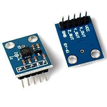 Gy-61 Triple Axis Accelerometer ADXL335 - shown as two blue rectangular circuit boards with five-pin headers and labeled output ports.