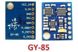 Gy-85 9dof Imu Sensor Module - the front and back of the blue rectangular circuit board with labeled pins, components, and axis orientation.