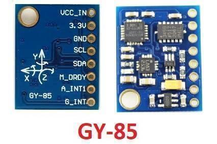 Gy-85 9dof Imu Sensor Module - the front and back of the blue rectangular circuit board with labeled pins, components, and axis orientation.