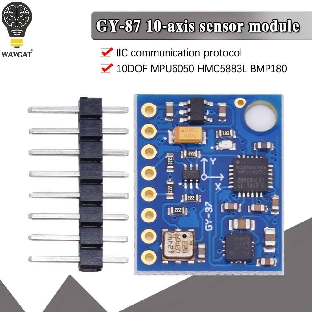 Gy-87 GY87 Gy-87 Imu MPU6050 HMC5883L BMP085 Module With Arduino 10DOF - GY-87 10-axis sensor module shown as a blue rectangular circuit board with an integrated pin header strip placed to its left.