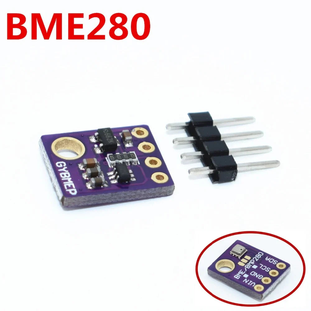 Gy BME280 5V Temperature And Humidity Sensor - shown as a purple circuit board with four pins and a small inset view of the labeled connection points.