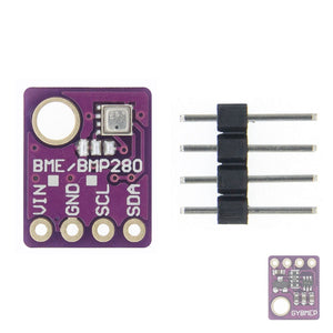 Gy BME280 5V Temperature And Humidity Sensor - shown as a purple circuit board with four pin holes, a header strip, and a small rear view component.
