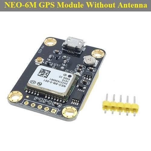 GY-GPS6MV2 Neo-6m GPS Module - a black circuit board with a micro-USB port, a silver GPS chip, and a separate five-pin yellow header connector.
