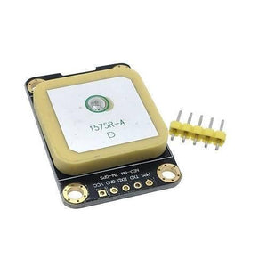 GY-GPS6MV2 Neo-6m GPS Module - with a square ceramic antenna, black PCB with labeled pins, and a separate yellow five-pin header connector.