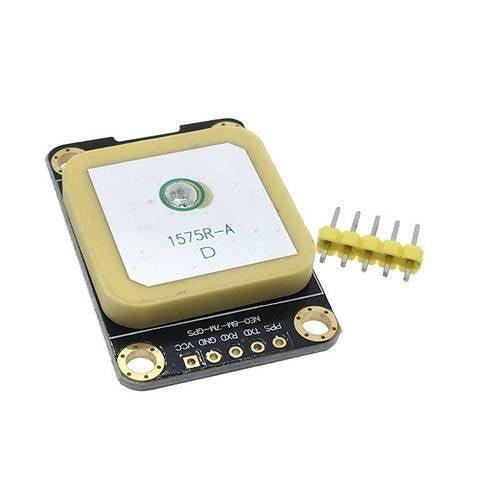 GY-GPS6MV2 Neo-6m GPS Module - with a square ceramic antenna, black PCB with labeled pins, and a separate yellow five-pin header connector.