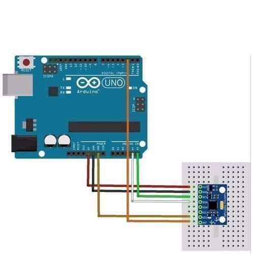 GY521 MPU6050 3 Axis Digital Gyroscope Accelerometer Sensor Module - wired to an Arduino Uno board on a breadboard using multi-colored jumper wires.