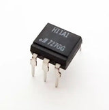 H11A1 Optocoupler DIP 6 Pin IC - a black, square-shaped electronic component with six metal pins extending from its base and white text on top.