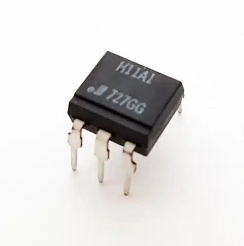 H11A1 Optocoupler DIP 6 Pin IC - a black, square-shaped electronic component with six metal pins extending from its base and white text on top.