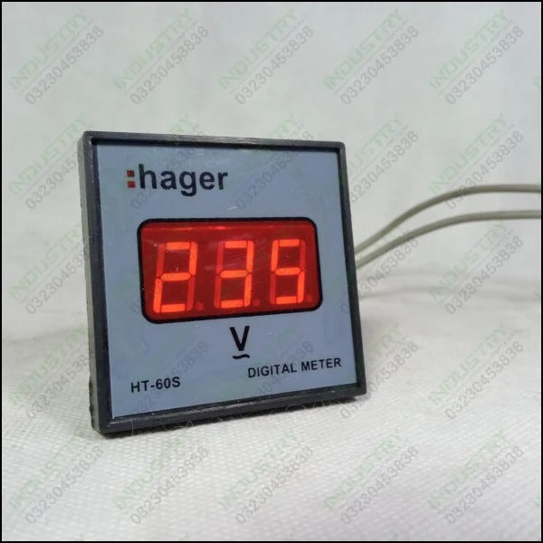 Hager HT-60S Digital Meter - a square grey voltmeter with a red digital display showing "8.8.8" and two grey wires extending from the back.