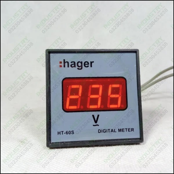 Hager HT-60S Digital Meter - a square black panel-mount device with a red three-digit LED display showing a voltage symbol and grey wires.