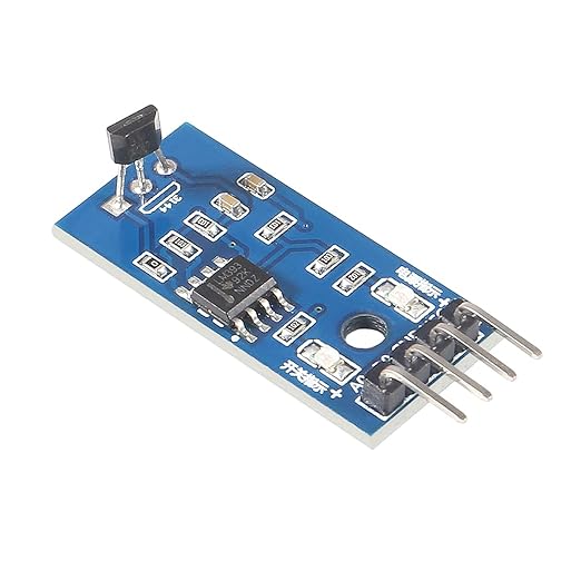 Hall Effect Sensor Module 3144 - a blue circuit board featuring a black sensor, an LM393 chip, two LEDs, and a four-pin connector.