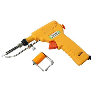 Hand-held Heating Soldering Iron 110V / 220V 60W / 80W mannual Soldering gun - a yellow pistol-grip soldering gun with a trigger, a heating tip, a wire feed tube, and a separate orange spool.