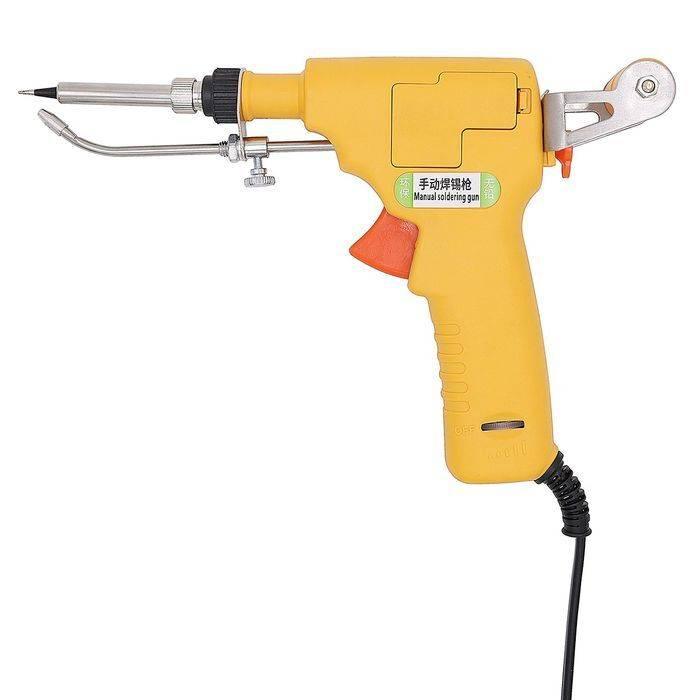 Hand-held Heating Soldering Iron 110V / 220V 60W / 80W mannual Soldering gun - a yellow pistol-grip tool with a metal heating tip, a solder wire spool holder at the back, a trigger, and a power cord.