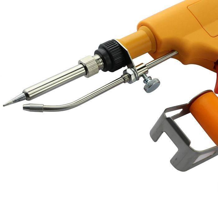 Hand-held Heating Soldering Iron 110V / 220V 60W / 80W mannual Soldering gun - a close-up of the orange and black soldering gun with a metal tip, feed tube, and adjustable metal bracket.