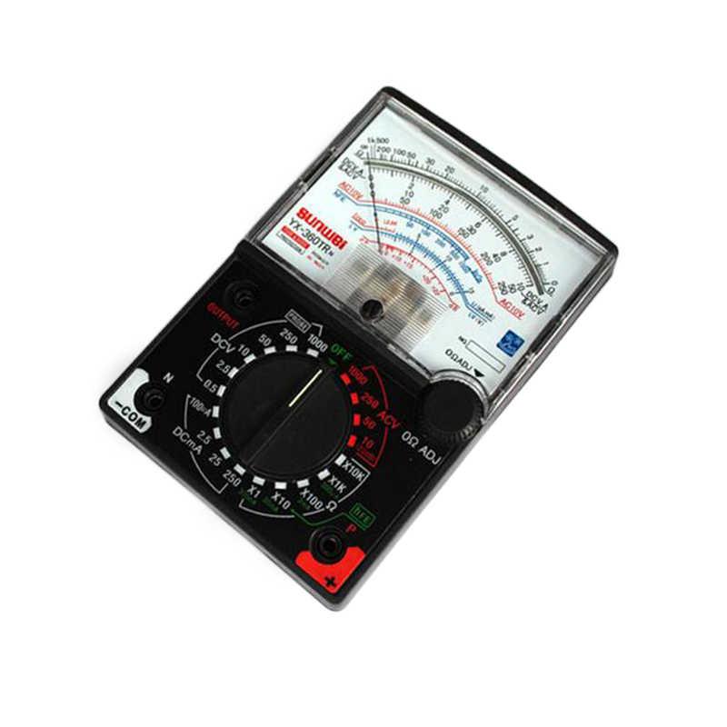 Handheld Analog Multimeter YX360TR - Sunwa YX-360TR analog multimeter featuring a black rectangular body, a central rotary selector knob, a needle display scale, and input ports.