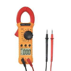 Handheld Digital Clamp Meter BM528D Non Contact AC DC Volt AC Amp Multimeter - in orange and red with a black rotary dial, digital display showing .000, and two connected black and red test leads.