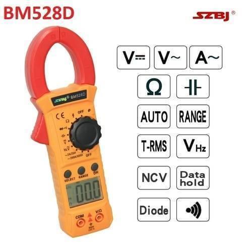 Handheld Digital Clamp Meter BM528D Non Contact AC DC Volt AC Amp Multimeter - in orange and red, featuring a rotary dial, LCD screen displaying 00.0, input ports, and a list of feature icons on the right.