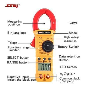 Handheld Digital Clamp Meter BM528D Non Contact AC DC Volt AC Amp Multimeter - a yellow and red device with a rotary switch, LED screen displaying 00.0, buttons, and input jacks, with labels.