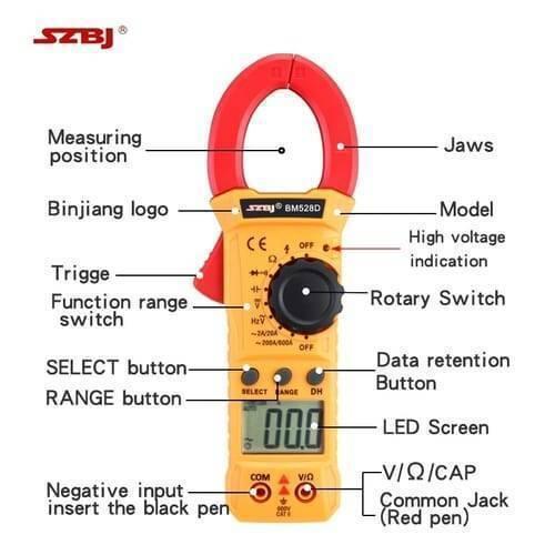 Handheld Digital Clamp Meter BM528D Non Contact AC DC Volt AC Amp Multimeter - a yellow and red device with a rotary switch, LED screen displaying 00.0, buttons, and input jacks, with labels.