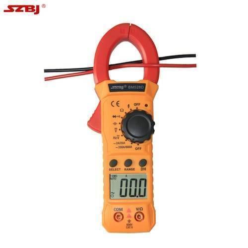 Handheld Digital Clamp Meter BM528D Non Contact AC DC Volt AC Amp Multimeter - an orange clamp meter with a rotary dial, three buttons, a digital display showing 00.0, and two input ports.