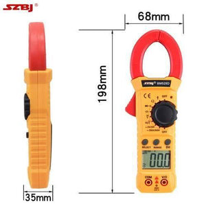 Handheld Digital Clamp Meter BM528D Non Contact AC DC Volt AC Amp Multimeter - shown in side and front views with dimension lines, featuring a yellow body, red clamp, rotary dial, and digital display.
