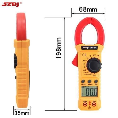Handheld Digital Clamp Meter BM528D Non Contact AC DC Volt AC Amp Multimeter - shown in side and front views with dimension lines, featuring a yellow body, red clamp, rotary dial, and digital display.