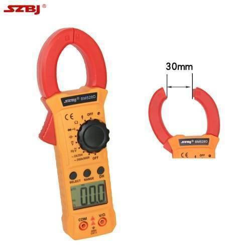 Handheld Digital Clamp Meter BM528D Non Contact AC DC Volt AC Amp Multimeter - shown in yellow and red with a rotary dial, LCD screen displaying 00.0, input ports, and a diagram showing its 30mm jaw opening.