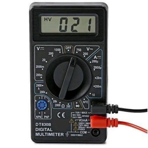 Handheld Digital Multimeter DT830B Mini LCD Voltmeter Ammeter Ohm Tester - a black handheld device with a central rotary dial, LCD screen displaying 021, and red and black test leads connected.