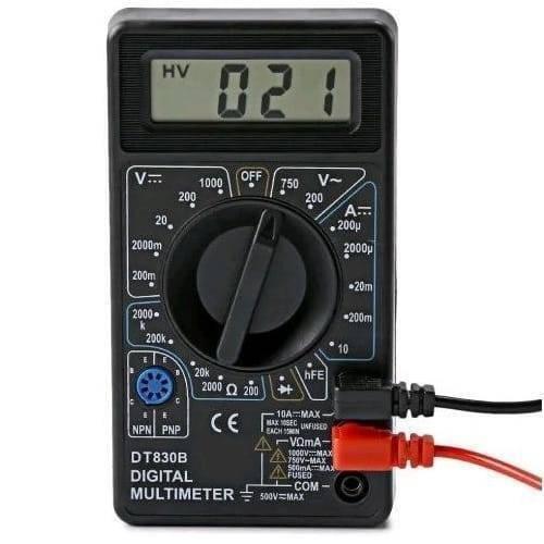 Handheld Digital Multimeter DT830B Mini LCD Voltmeter Ammeter Ohm Tester - a black handheld device with a central rotary dial, LCD screen displaying 021, and red and black test leads connected.