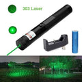 Handheld Focusable Green Laser Pen Zh 303 Rechargeable 100mW High Beam Green Laser Hunting Pointer - a black handheld green laser pointer with a button, a battery charger, and a blue rechargeable battery with green light effects.
