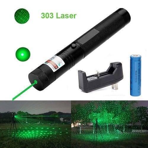 Handheld Focusable Green Laser Pen Zh 303 Rechargeable 100mW High Beam Green Laser Hunting Pointer - a black handheld green laser pointer with a button, a battery charger, and a blue rechargeable battery with green light effects.