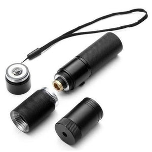 Handheld Focusable Green Laser Pen Zh 303 Rechargeable 100mW High Beam Green Laser Hunting Pointer - shown disassembled into three black metal components with a wrist strap and internal brass connector.