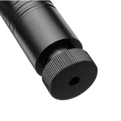 Handheld Focusable Green Laser Pen Zh 303 Rechargeable 100mW High Beam Green Laser Hunting Pointer - a close-up view of the black cylindrical body with a knurled focus adjustment knob and a central aperture.