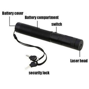 Handheld Focusable Green Laser Pen Zh 303 Rechargeable 100mW High Beam Green Laser Hunting Pointer - a black cylindrical laser pointer with a switch, battery compartment, laser head, and two security lock keys.