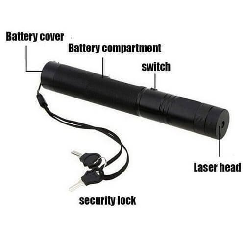 Handheld Focusable Green Laser Pen Zh 303 Rechargeable 100mW High Beam Green Laser Hunting Pointer - a black cylindrical laser pointer with a switch, battery compartment, laser head, and two security lock keys.