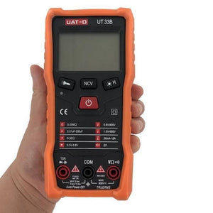 Handheld Portable AC DC NCV True RMS Digital Multimeter Non-contact Voltmeter Ammeter Test Meter DMM UT-33B - an orange protective case, digital display, buttons, and ports.