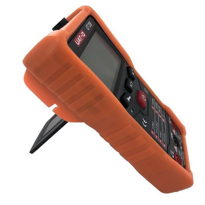 Handheld Portable AC DC NCV True RMS Digital Multimeter Non-contact Voltmeter Ammeter Test Meter DMM UT-33B - in an orange protective case, shown at an angle with a kickstand, display screen, function buttons, and input ports.