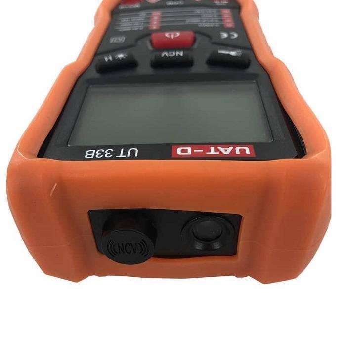 Handheld Portable AC DC NCV True RMS Digital Multimeter Non-contact Voltmeter Ammeter Test Meter DMM UT-33B - a close-up of the orange-cased device, its blank screen, top buttons, and the NCV sensor port.