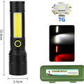 Handheld Rechargeable Emergency Torch Flashlight With Zoom Bn-537 Universal Flashlight Dust Protection Type-c Charging - a black flashlight with a side light, dimensions, a light component, light modes, and a case.