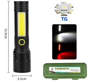 Handheld Rechargeable Emergency Torch Flashlight With Zoom Bn-537 Universal Flashlight Dust Protection Type-c Charging - a black flashlight with a side light, dimensions, a light component, light modes, and a case.
