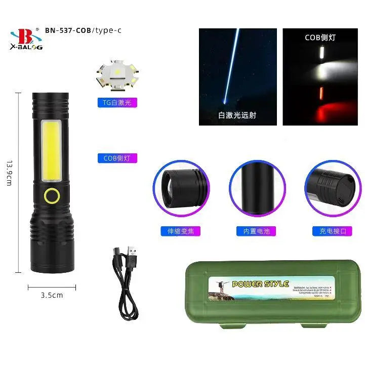 Handheld Rechargeable Emergency Torch Flashlight With Zoom Bn-537 Universal Flashlight Dust Protection Type-c Charging - shown with its dimensions, zoomable lens, COB side light, USB charging cable, and green plastic storage case.