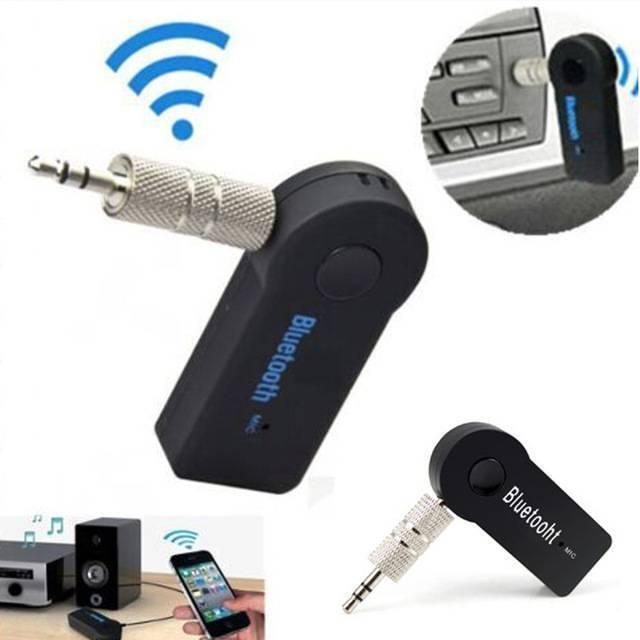 Handsfree Wireless Audio Car Bluetooth Music Receiver Adapter - a black, rectangular Bluetooth receiver with a 3.5mm jack, button, and mic label.