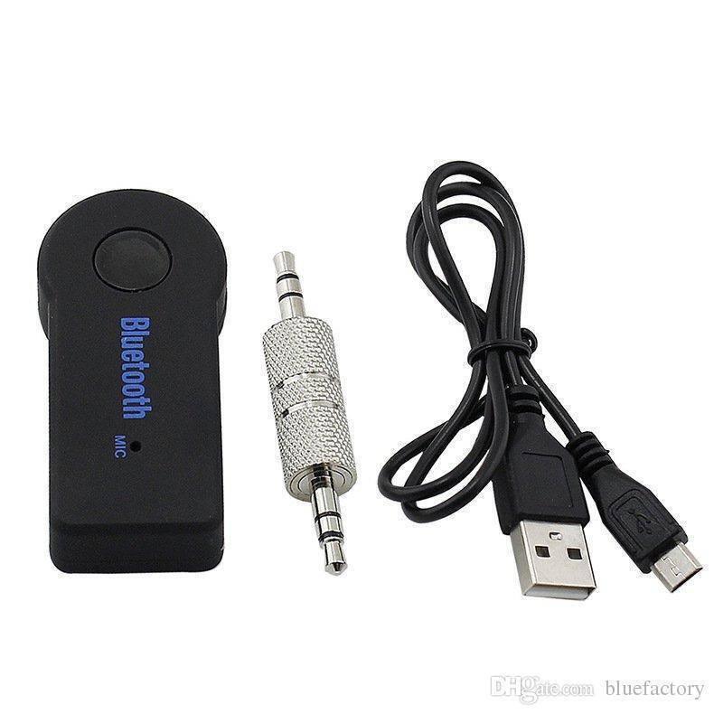 Handsfree Wireless Audio Car Bluetooth Music Receiver Adapter - a black receiver with a button, a 3.5mm audio adapter, and a USB charging cable.