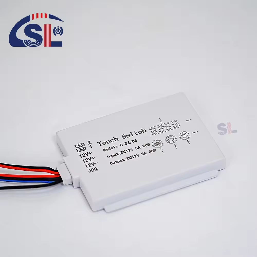 Handy DC12V 5A 60W Single Button Mirror Touch Sensor Switch With Time Temperature Display Screen Touch Sensor Switch For Mirrors - a white rectangular device with a digital display, three touch icons, and attached wires.