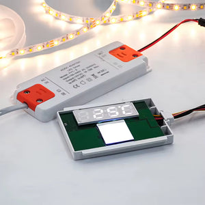 Handy DC12V 5A 60W Single Button Mirror Touch Sensor Switch With Time Temperature Display Screen Touch Sensor Switch For Mirrors - a white LED driver, a touch sensor module with a digital display reading 28C, and LED strip lights.