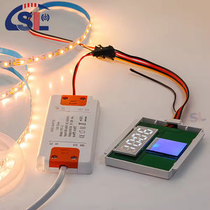 Handy DC12V 5A 60W Single Button Mirror Touch Sensor Switch With Time Temperature Display Screen Touch Sensor Switch For Mirrors - a white LED driver, a touch sensor module with a digital display reading 10:06, and LED strips.