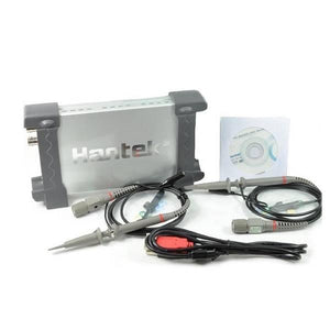 Hantek 20MHz Pc Based Digital Oscilloscope Dual 2 Channel HT6022BE - shown with a silver rectangular unit, two BNC probes, a USB cable, and a software disc.