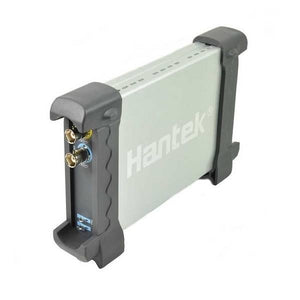 Hantek 20MHz Pc Based Digital Oscilloscope Dual 2 Channel HT6022BE - a silver, rectangular device with black rubber bumpers, two BNC connectors, and two small switches.